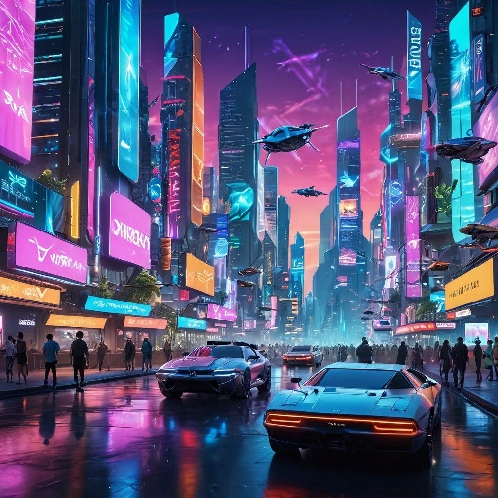 A futuristic city skyline adorned with innovative technology, featuring flying cars and holographic advertisements. In the foreground, diverse people engage with advanced gadgets, showcasing the impact of XXVXX innovations. Bright neon lights illuminate the scene, creating a vibrant and dynamic atmosphere. Elements of nature harmonize with technology, symbolizing a balanced future. cyberpunk. vibrant colors. 3D.