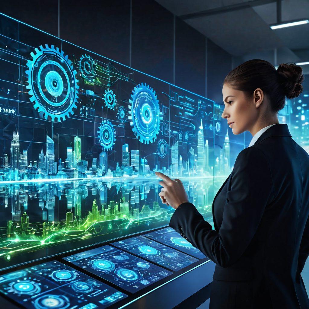 A futuristic city skyline with digital interfaces and holograms showcasing transformed services; a diverse group of professionals engaged in collaboration, surrounded by symbols of innovation like gears and circuit patterns; vibrant blue and green hues enhance the sense of technology; the skyline reflects the digital landscape transformed by XXVXX Solutions. super-realistic. vibrant colors. dynamic composition.