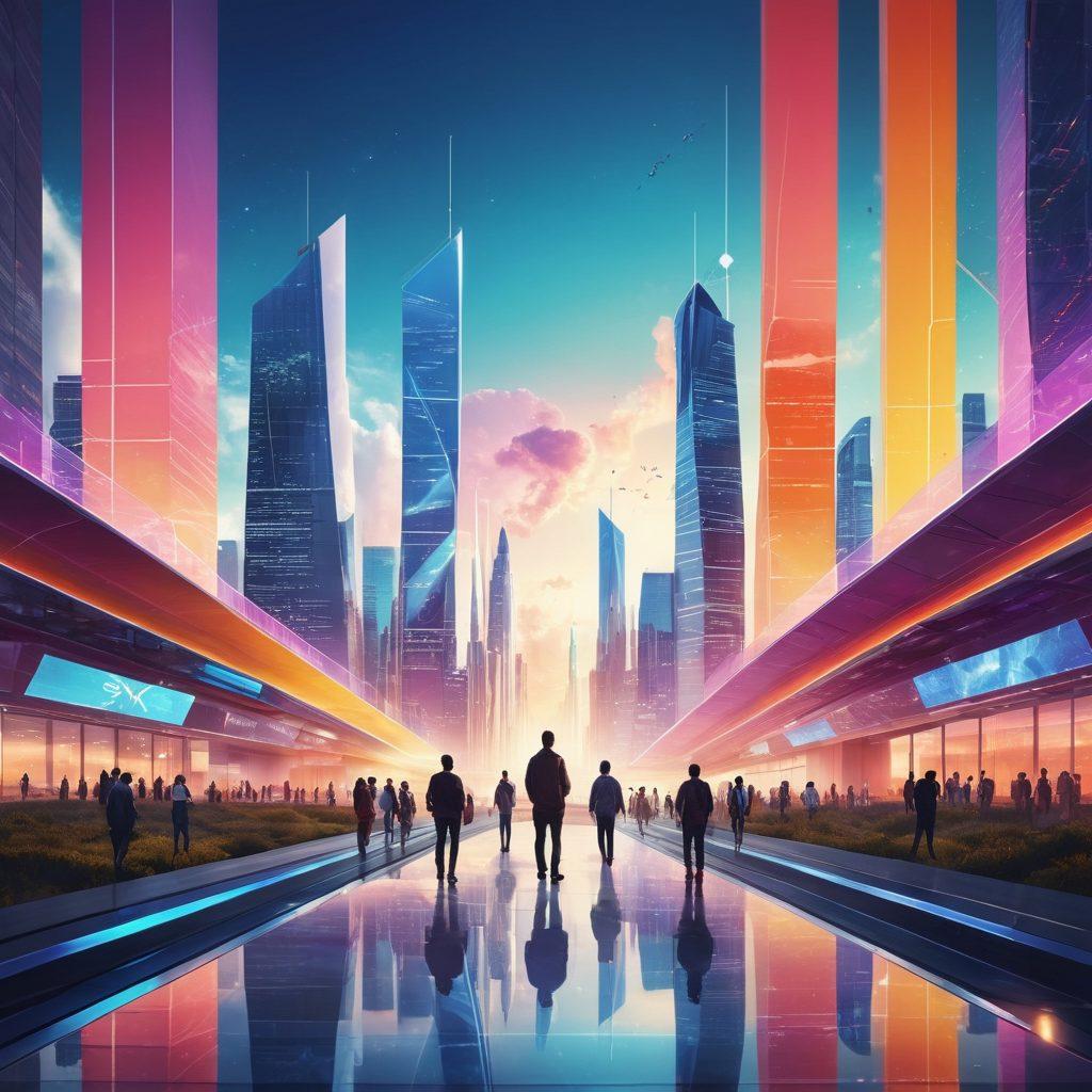 A futuristic landscape showcasing a skyline filled with innovative architecture representing technology and change. In the foreground, diverse people interacting with XXVXX products, symbolizing collaboration and advancement. Bright beams of light and digital elements overlay the scene, suggesting dynamic energy and progress. The overall color scheme should be vibrant and engaging, evoking a sense of optimism and evolution. super-realistic. vibrant colors.